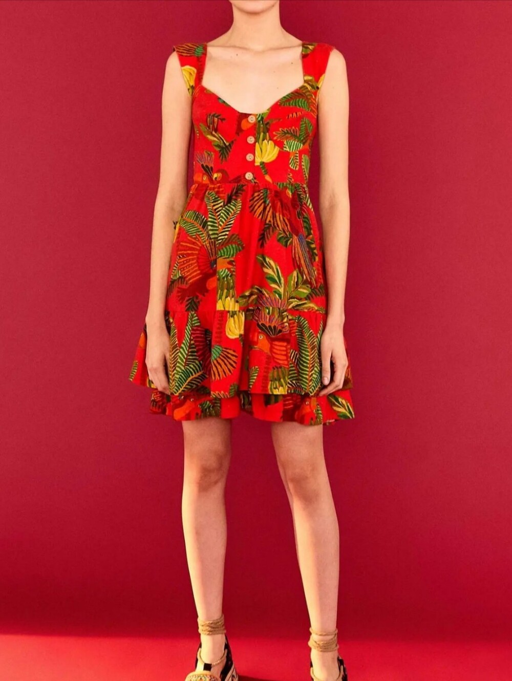 FARM Rio Red Forest Birds Mini Dress